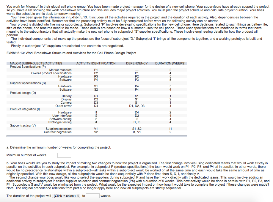You work for microsoft in their global cell phone group. you have been made project manager for the design of a new cell phone. your supervisors have already scoped the project so you have a list showing the work breakdown structure and this includes major project activities. you must plan the project schedule and calculate project duration. your boss wants the schedule on his desk tomorrow moming! you have been given the information in exhibit 5.13. it includes all the activities required in the project and the duration of each activity. also, dependencies between the activities have been identified. remember that the preceding activity must be fully completed before work on the following activity can be started your project is divided into five major subprojects. subproject p involves developing specifications for the new cell phone. here decisions related to such things as battery life, size of the phone, and features need to be made. these details are based on how a customer uses the cell phone. these user specifications are redefined in terms that have meaning to the subcontractors that will actually make the new cell phone in subproject s supplier specifications. these involve engineering details for how the product will the individual components that make up the product are the focus of subproject d. subproject t brings all the components together, and a working prototype is built and tested finally in subproject v, suppliers are selected and contracts are negotiated exhibit 5.13: work breakdown structure and activities for the cell phone design project major subprojects/activities product specifications (p) activity identification dependency duration (weeks) market research overall product specifications hardware software p1 p1 p3 supplier specifications (s) hardware software product design (d) d1 battery display s1 s1 s1 d1, d2, d3 outer cover product integration (u) hardware user interface software coding prototype testing 14 1, 13 subcontracting (v) suppliers selection contract negotiation s1 ,s2 4, v1 a. determine the minimum number of weeks for completing the project. minimum number of weeks b. your boss would like you to study the impact of making two changes to how the project is organized. the first change involves using dedicated teams that would work strictly in parallel on the activities in each subproject. for example, in subproject p (product specifications) the team would work on p1, p2, p3, and p4 all in parallel. in other words, there would be no precedence relationships within a subproject all tasks within a subproject would be worked on at the same time and each would take the same amount of time as originally specified. with this new design, all the subprojects would be done sequentially with p done first, then s, d, i, and finally v the second change your boss would like you to select the suppliers during subproject p and have them work directly with the dedicated teams. this would involve adding an additional activity to subproject p called supplier selection and contract negotiation (p5) with a duration of 5 weeks. this new activity would be done in parallel with p1, p2, p3, and p4. subprojects s and v would be eliminated from the project. what would be the expected impact on how long it would take to complete the project if these changes were made? note: the original precedence relations from part a no longer apply here and now all subprojects are strictly sequential the duration of the project will (click to select)to