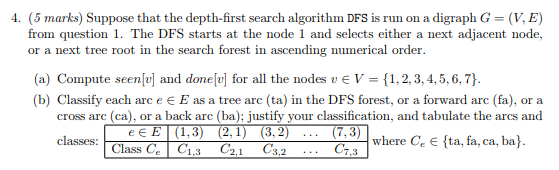 4. (5 marks) Suppose that the depth-first search algorithm DFS is run on a digraph G = (V, E) from question 1. The DFS starts at the node 1 and selects either a next adjacent node, or a next tree root in the search forest in ascending numerical order (a) Compute seenlu] and donelu] for all the nodes v EV 1,2,3,4,5,6,7 (b) Classify each arc e E as a tree arc (ta) in the DFS forest, or a forward arc (fa), or a cross arc (ca), or a back arc (ba); justify your classification, and tabulate the arcs and C7.3 where Ce E ta, ta, ca, ba