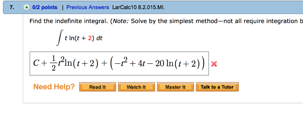 Find The Indefinite Integral Integral T Ln T 2 Chegg Com