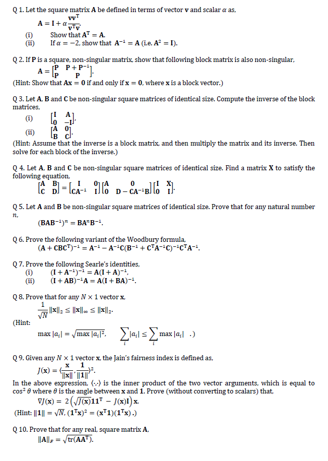 Solved Q 1 Let The Square Matrix A Be Defined In Terms O Chegg Com