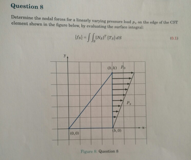 Question 8 Determine the nodal forces for a linearly varying pressure load py on the edge of the CST element shown in the figure below, by evaluating the surface integral: Px b, 0) (0,0) Figure 8: Question 8