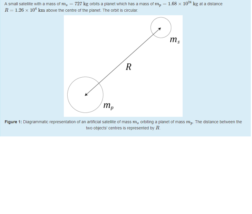 A small satellite with a mass of m, 727 kg orbits a planet which has a mass of mp 1.68 x 10M kg at a distance R-1.26 × 104 km above the centre of the planet. The orbit is circular. ms Figure 1: Diagrammatic representation of an artificial satellite of mass ms orbiting a planet of mass mp. The distance between the two objects centres is represented by R.