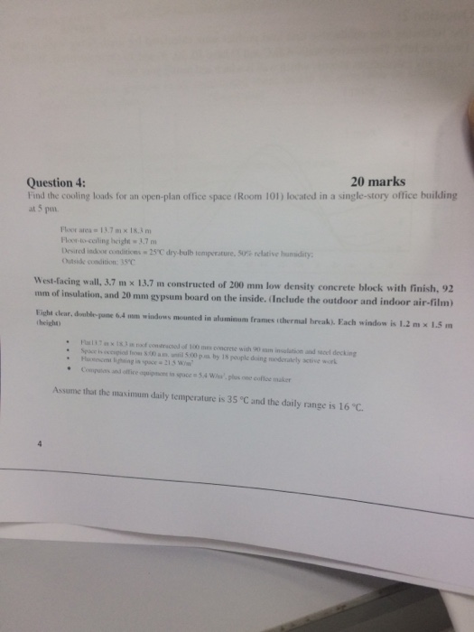 20 Marks Question 4 Find The Cooling Loads For An Chegg Com