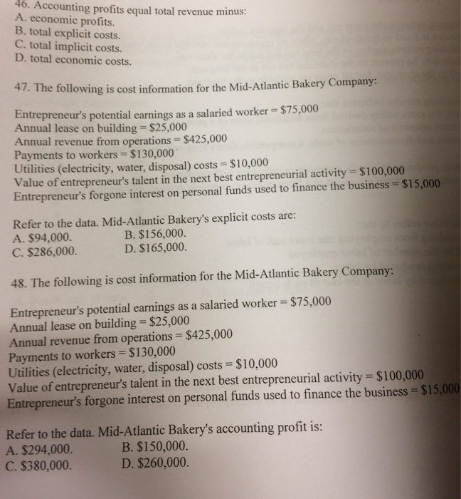 Solved Accounting Profits Equal Total Revenue Minus Econ