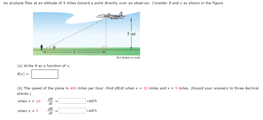 Image for An airplane flies at an altitude of 5 miles toward a point directly over an observer. Consider theta and x as