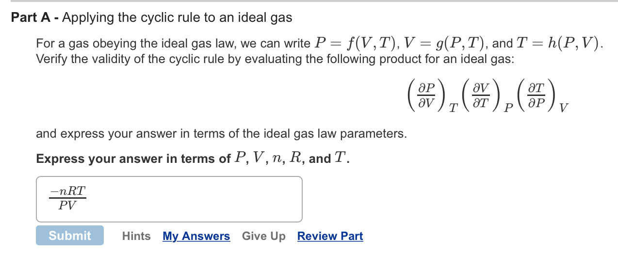 Solved Applying The Cyclic Rule To An Ideal Gas For A Gas Chegg Com