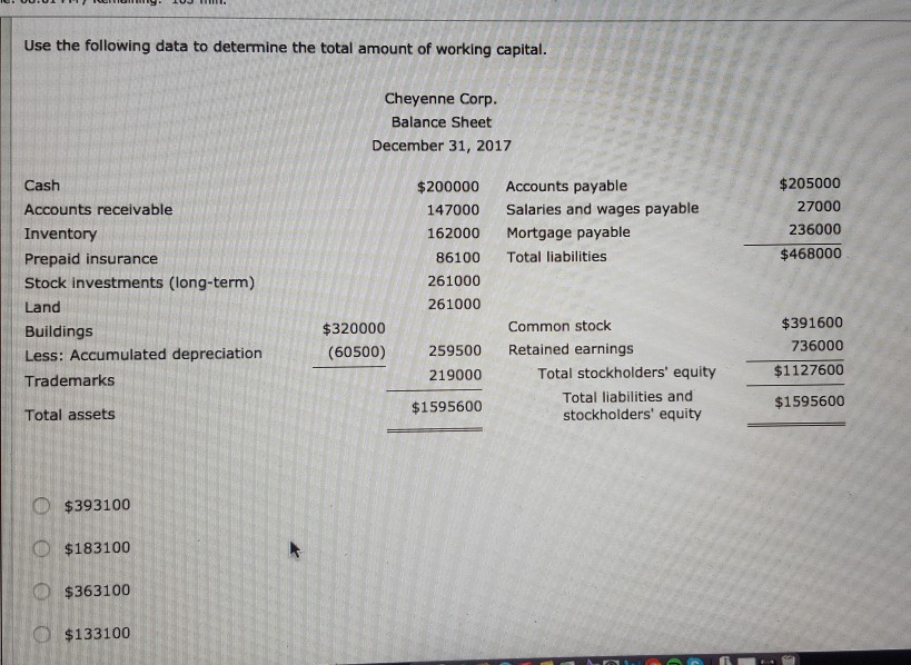 Use the following data to determine the total amount of working capital. Cheyenne Corp. Balance Sheet December 31, 2017 Cash Accounts receivable Inventory Prepaid insurance Stock investments (long-term) Land Buildings Less: Accumulated depreciation Trademarks Total assets $205000 27000 236000 $468000 $200000 Accounts payable Salaries and wages payable Mortgage payable 147000 162000 86100 Total liabilities 261000 261000 $391600 736000 $1127600 $1595600 Common stock $320000 (60500)259500 Retained earnings Total stockholders equity Total liabilities and stockholders equity 219000 $1595600 $393100 $183100 O$363100o o $133100