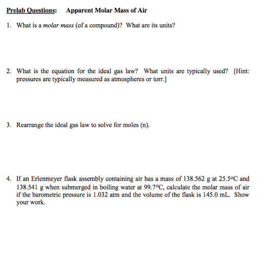 Solved Prelab Questions Apparent Molar Mass Of Air 1 Wh Chegg Com