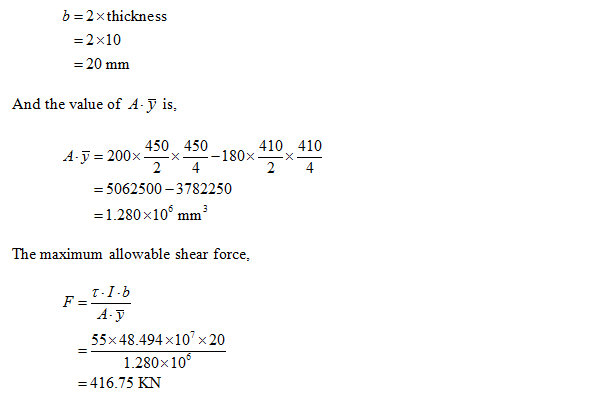 b- 2xthickness -2x10 And the value of A.y is, 450 450 -180x420- A-j: 200× A- 200xx - 5062500 -3782250 -1.280x105 mm3 The maxi