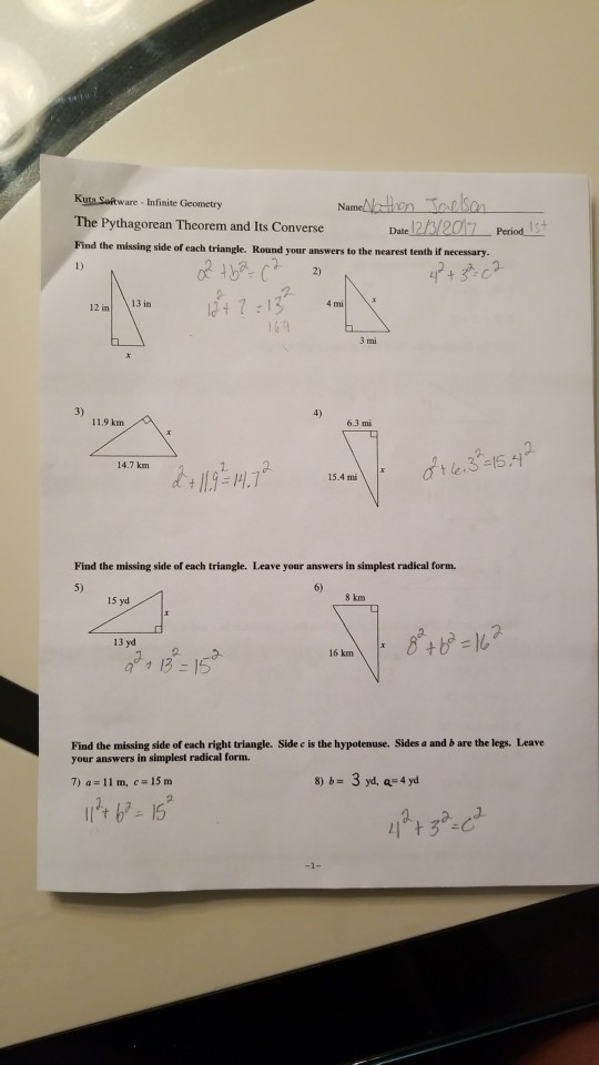 Solved Kuta Software Infinite Pre Algebra The Pythagorea Chegg Com