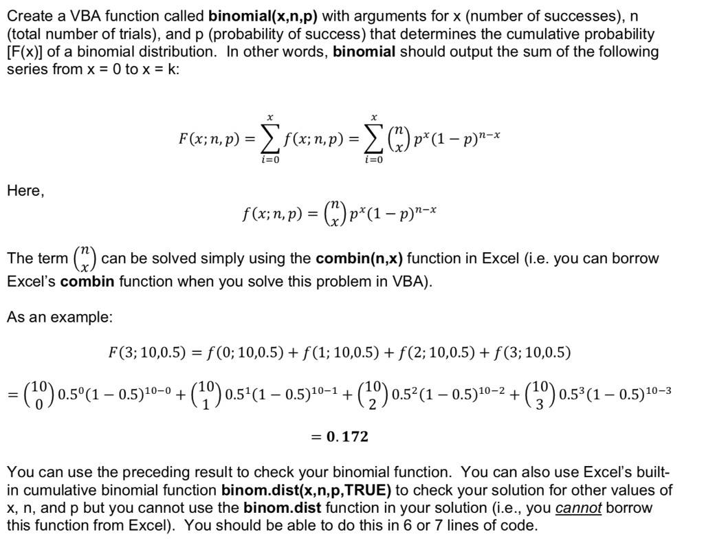 Solved Create A Vba Function Called Binomial X N P With Chegg Com