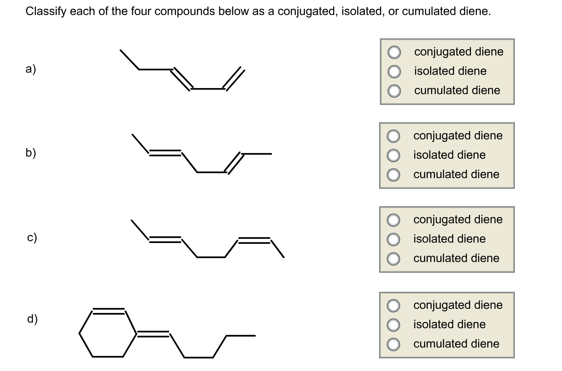 Classify each of the four compounds below as a con