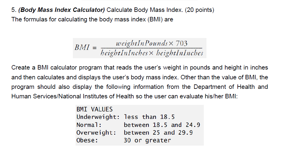 Solved 5 Body Mass Index Calculator Calculate Body Mas