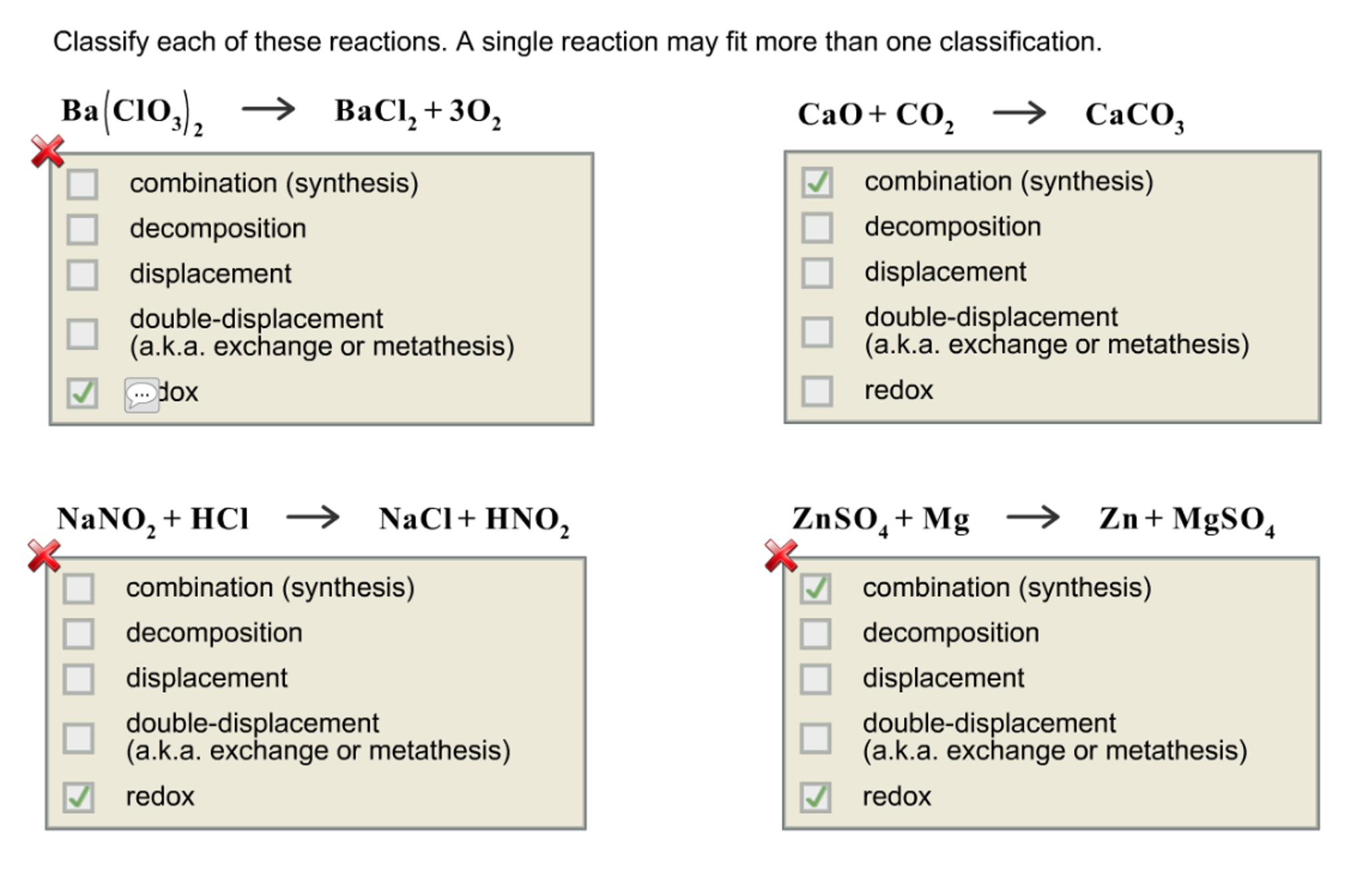 Classify each of these reactions.