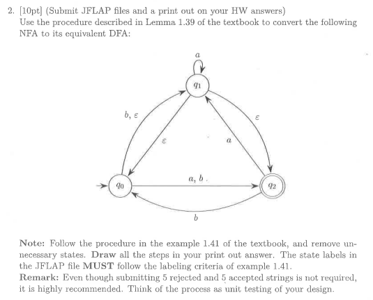 2. [10pt (Submit JFLAP files and a print out on your HW answers) Use the procedure described in Lemma 1.39 of the textbook to convert the following NFA to its equivalent DFA: 91 a, 92 Note: Follow the procedure in the example 1.41 of the textbook, and remove un- necessary states. Draw all the steps in your print out answer. The state labels in the JFLAP file MUST follow the labeling criteria of example 1.41. Remark: Even though submitting 5 rejected and 5 accepted strings is not required, it is highly recommended. Think of the process as unit testing of your design