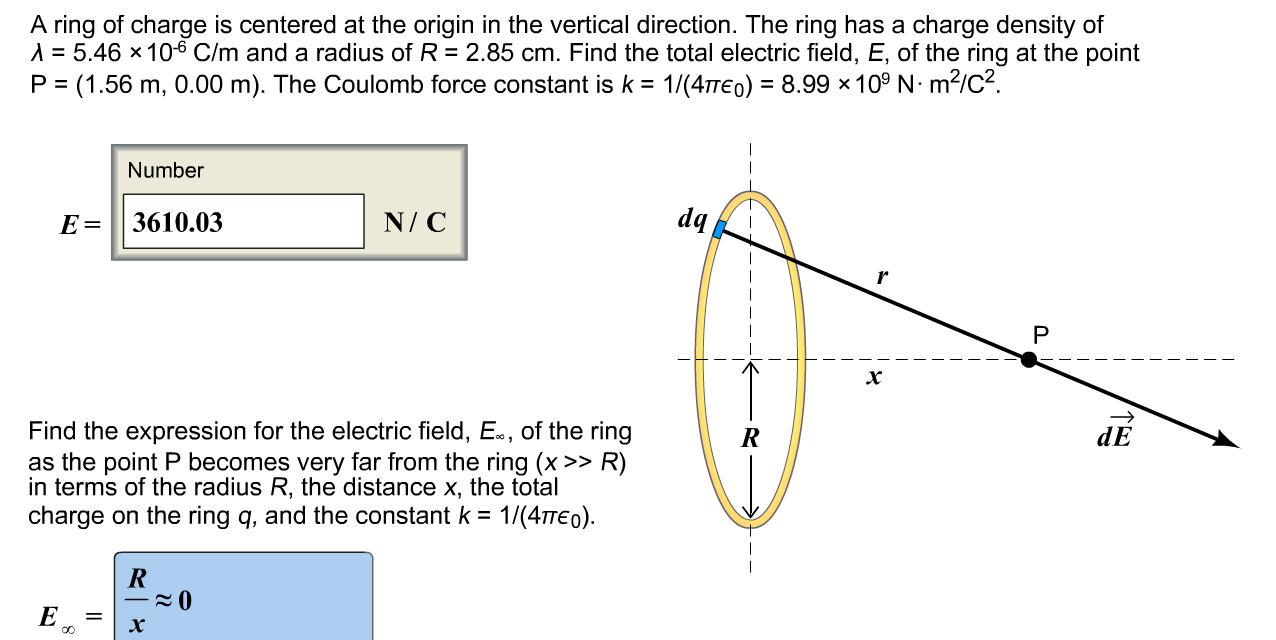 SOLVED: A uniform circular ring of charge Q = 7.40 microCoulombs and radius  R = 1.10 cm is located in the X-Y plane, centered on the origin as shown in  figure 2.