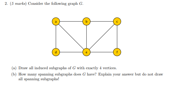 2. (5 marks) Consider the following graph G a) Draw all induced subgraphs of G with exactly 4 vertices. (b) How many spanning subgraphs does G have? Explain your answer but do not draw al l spanning subgraphs!