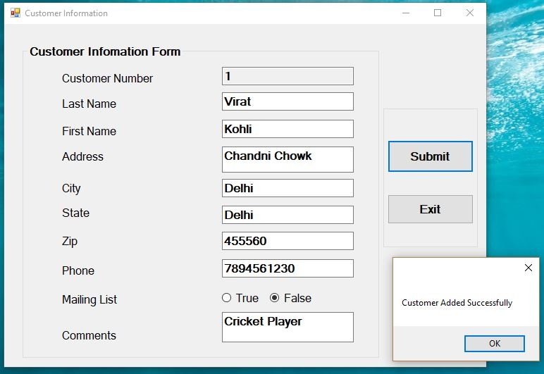 ?Customer Information Customer Infomation Form Customer Number Last Name First Name Address Virat Kohli Chandni Chowk Submit