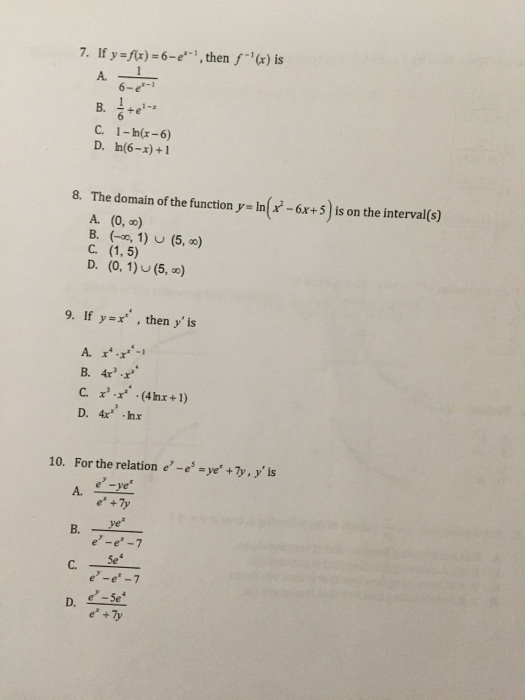 Solved If Y F X 6 E X 1 Then F 1 X Is 1 6 E X 1 Chegg Com