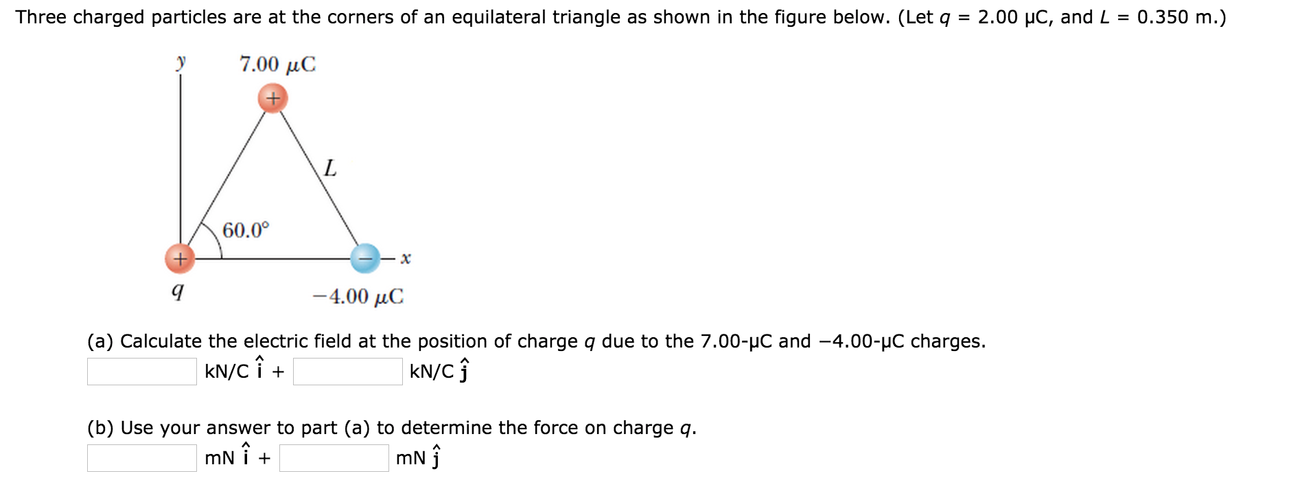 Three particles. Charged Particles. Find the charge of the third point in and equilateral Triangle. Electric field due to charged Triangle. How to find the charge of the Particle.