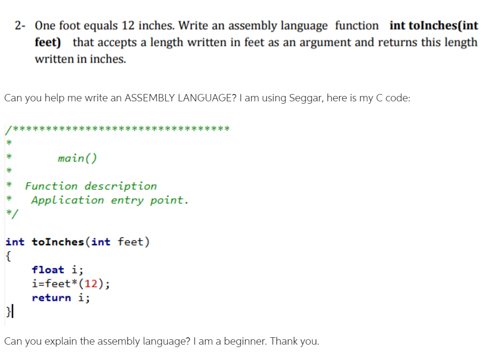 2 One Foot Equals 12 Inches Write Anembly Language Function Int Tolnches 2 One Foot Equals 12 Inches Write Anembly Language Function Int Tolnches
