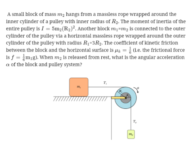 A small block of mass m2 hangs from a massless rope wrapped around the inner cylinder of a pulley with inner radius of R2. The moment of inertia of the entire pulley is I 5m2(R2)2. Another block mi-m2 is connected to the outer cylinder of the pulley via a horizontal massless rope wrapped around the outer cylinder of the pulley with radius R1-3R2. The coefficient of kinetic friction between the block and the horizontal surfaceis (i.e. the frictional force is fg. When m2 is released from rest, what is the angular acceleration a of the block and pulley system? Im T, m,