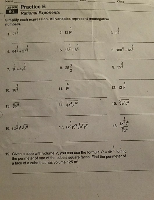 Name Class Lesson Practice B 6 2 Rational Exponents Chegg 