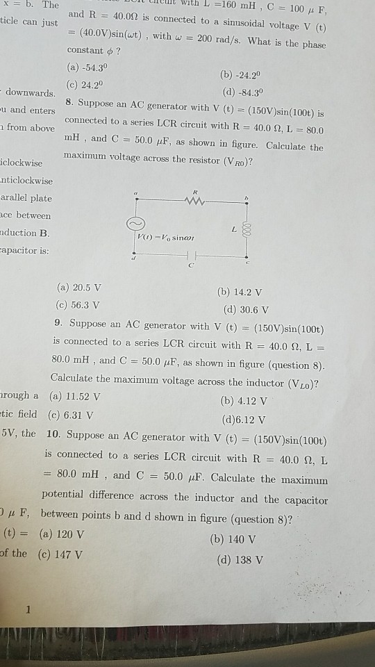 Solved Circuit With L 160 Mh C 100 F 40 0 Is Connec Chegg Com