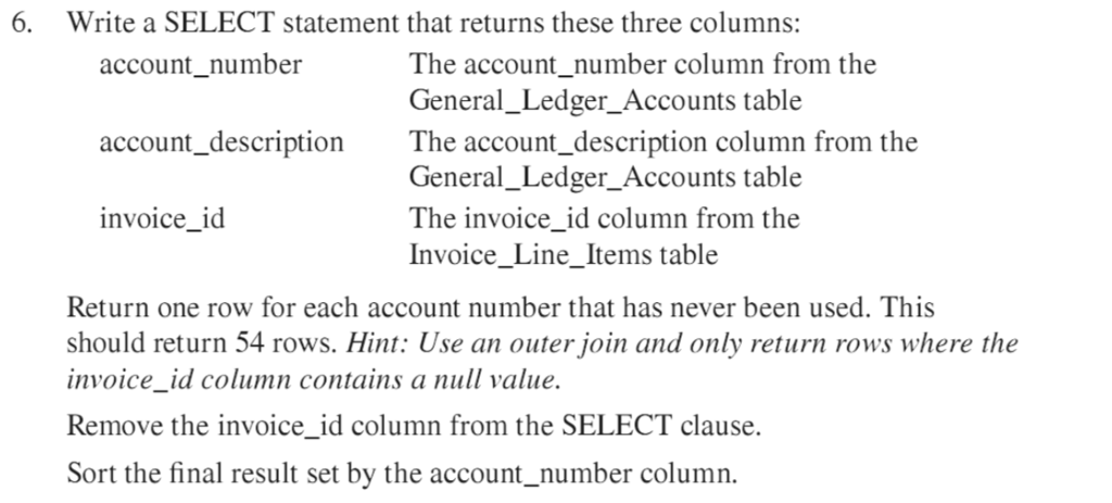 6. Write a SELECT statement that returns these three columns: The account_number column from the General_Ledger_Accounts table The account_description column from the General_Ledger_Accounts table The invoice_id column from the Invoice_Line_Items table account number account_description invoice_id Return one row for each account number that has never been used. This should return 54 rows. Hint: Use an outer join and only return rows where the invoice- id column contains a null value. Remove the invoice_id column from the SELECT clause. Sort the final result set by the account_number column.
