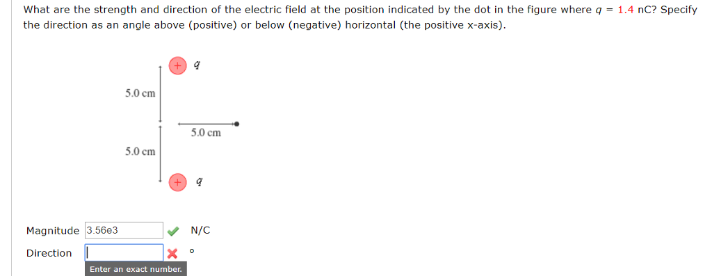 what are the strength and direction of the electric field at the position indicated by the dot in the figure where q = 1.4 nC? Specify the direction as an angle above (positive) or below (negative) horizontal (the positive x-axis) 5.0 cm 5.0 cm 5.0 cm Magnitude 3.56e3 N/C Direction Enter an exact number