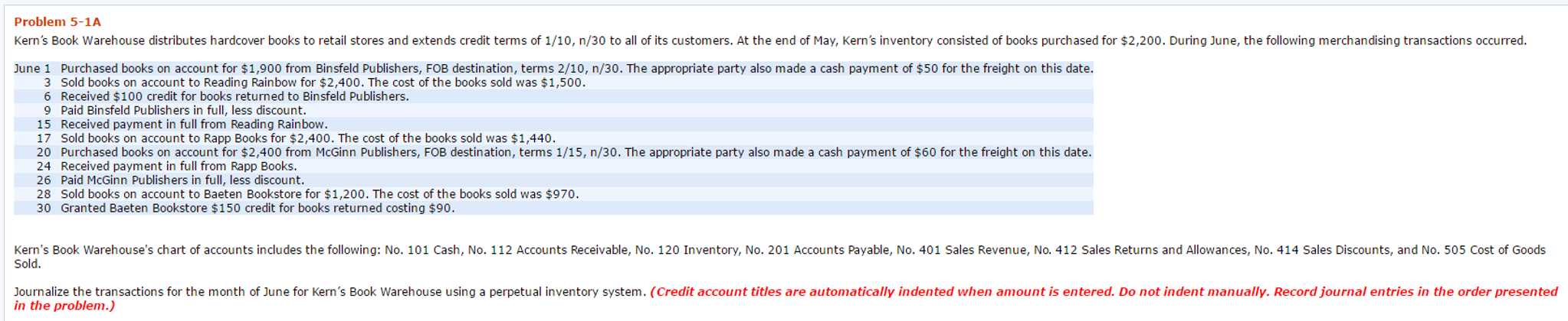 Problem 5-1A Kerns Book Warehouse distributes hardcover books to retail stores and extends credit