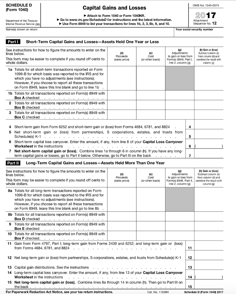 Fill Out A 2017 IRS TAX Form 1040 Schedule D Based ...