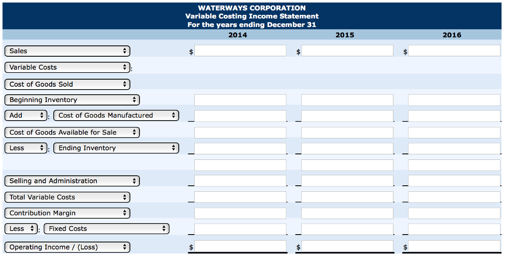 WATERWAYS corporation variable costing income statement for the years ending december 31 2014 2015 2016 variable costs cost of goods sold beginning inventory add o. cost of goods manufactured cost of goods available for sale : | ending inventory less selling and administration total variable costs contribution margin less fixed costs operating income / (loss)