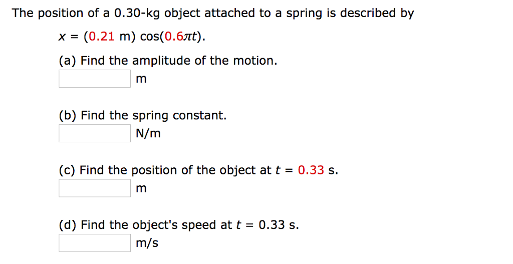 Solved The Position Of A 0 30 Kg Object Attached To A Spr Chegg Com