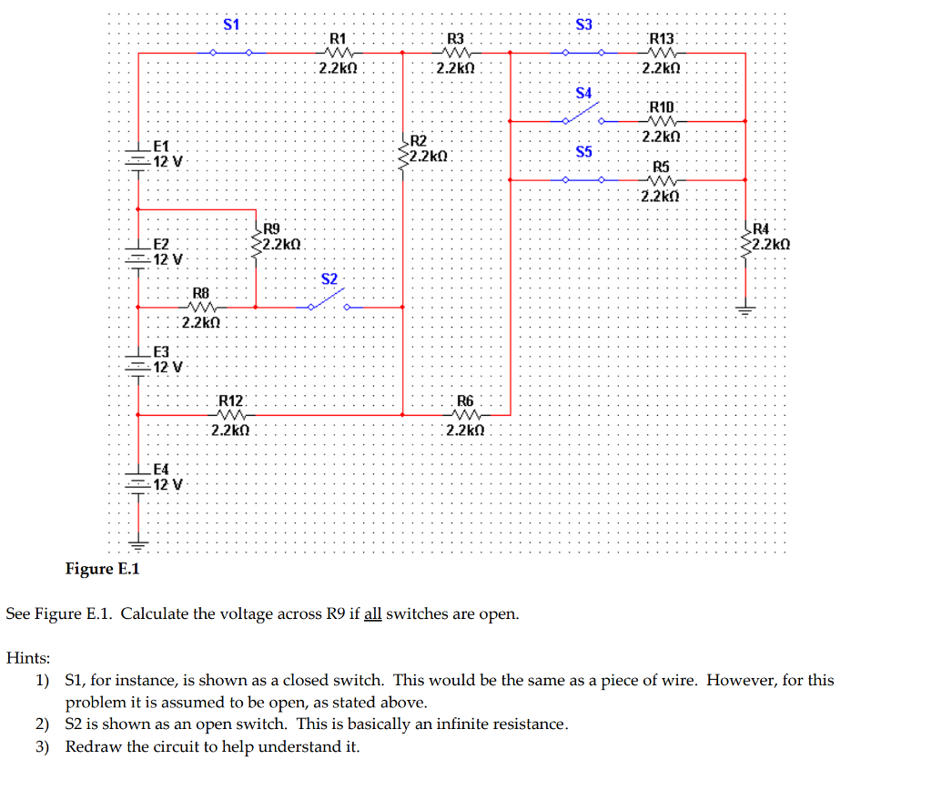Question: R1D R2 12 V E3 LEA . . . .::;''' . : ....'''' Figure E.1 See Figure E.1. Calculate the voltage ac.
