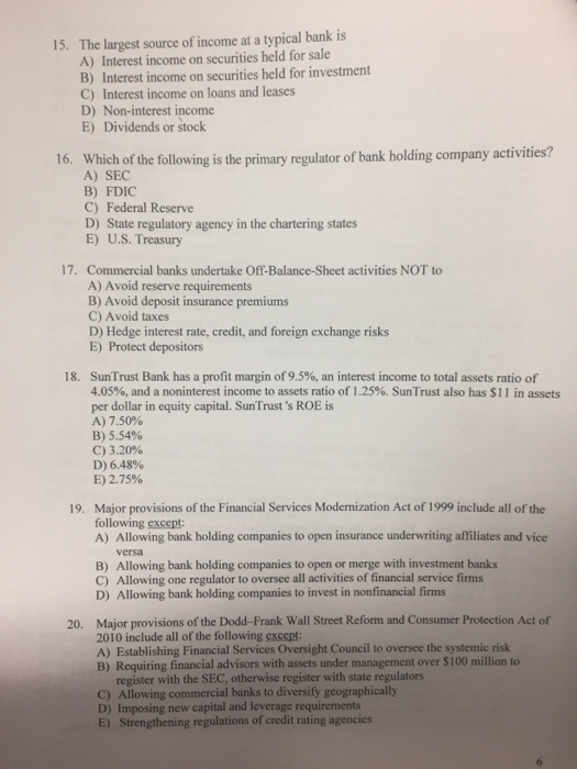 Solved The Largest Source Of At A Typical Bank Is