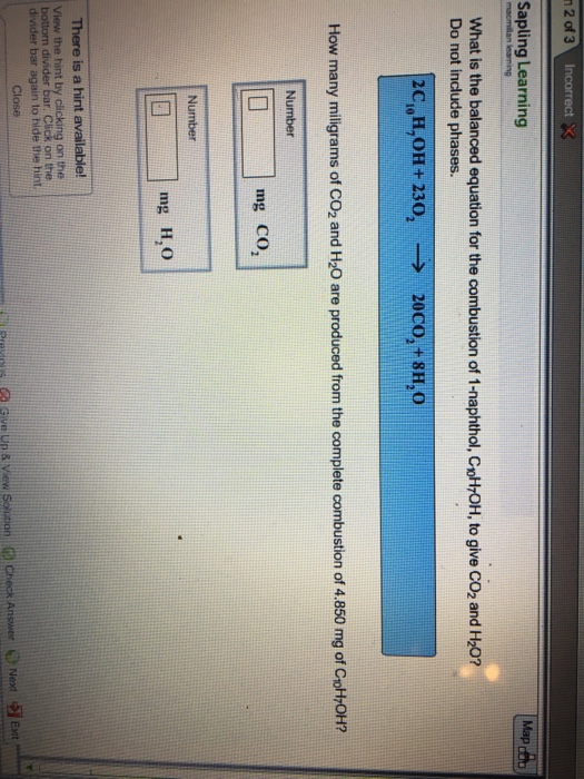 Balanced equation for combustion of 1 naphthol