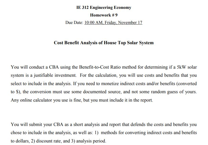 Solved Ie 312 Engineering Economy Homework 9 Due Date