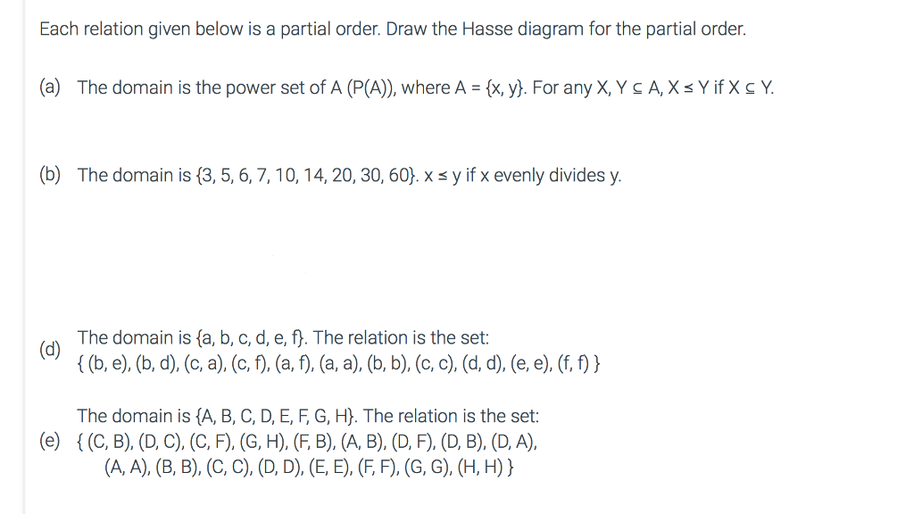Each Relation Given Below Is A Partial Order Draw Chegg Com