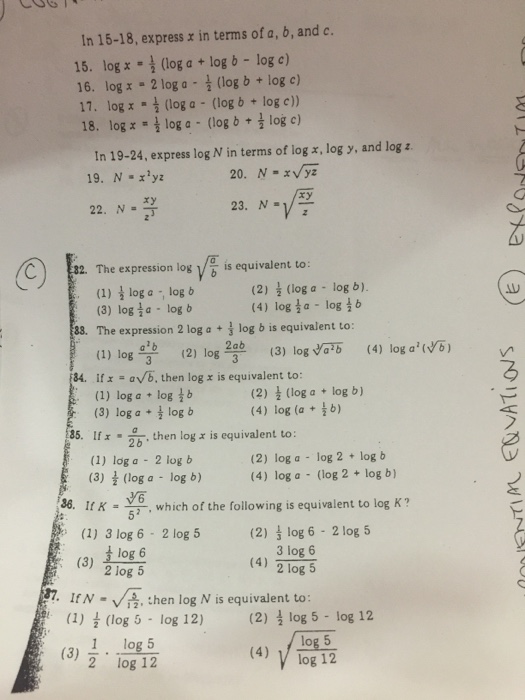 Solved In 15 18 Express X In Terms Of A B And C Log Chegg Com