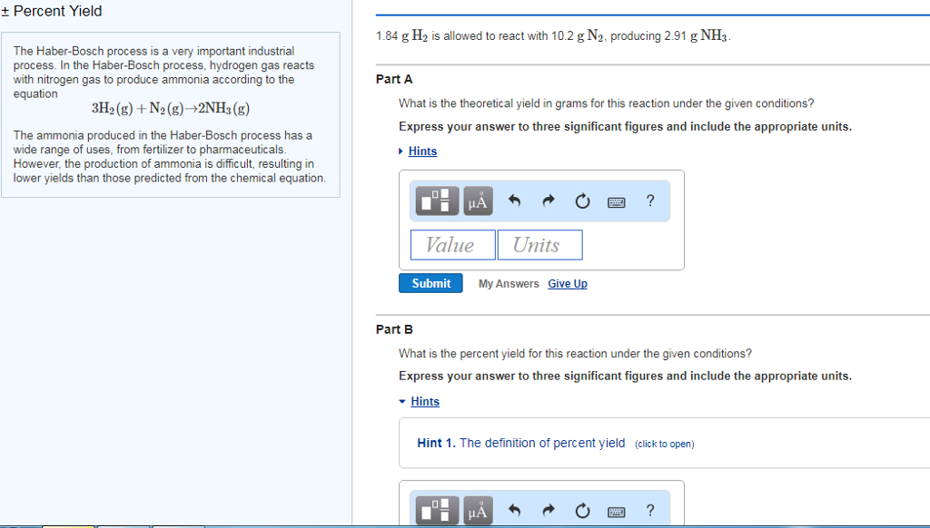 Solved ± Percent Yield 1.84 G H2 Is Allowed To React With