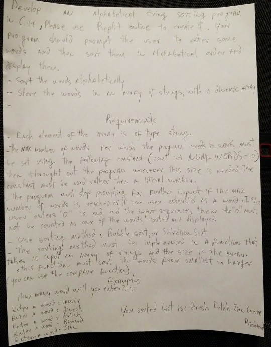 e velo s sort h ?C++,P-Ase.me Rep dsplay ther Aen Sovt he wevd, alpha betically -90N Th use sating mothe) : Bubble sat,or Selectio Sort 100 ich