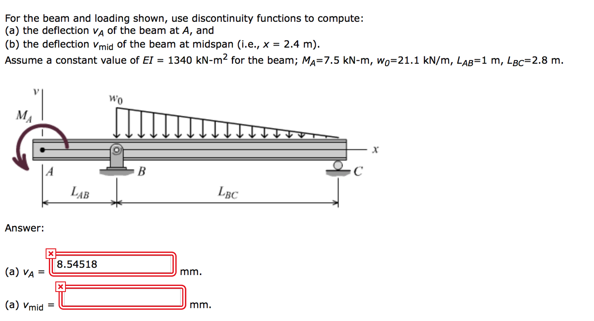 Solved) - For the beam and loading shown, use discontinuity functions to  (2 Answers)