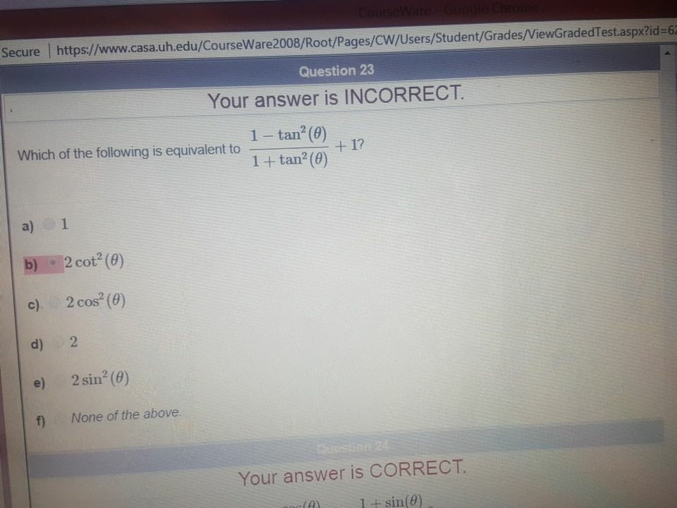 Solved Which Of The Following Is Equivalent To 1 Tan 2 Chegg Com