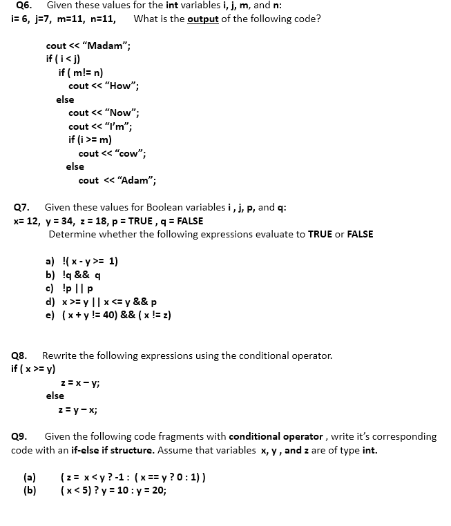 Given These Values For The Int Variables I J M And Chegg Com