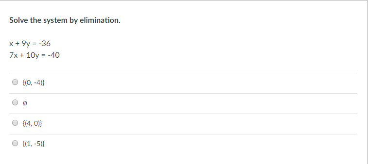 Solve the system by elimination. x +9y--36 7x+10y--40 0 4,0)