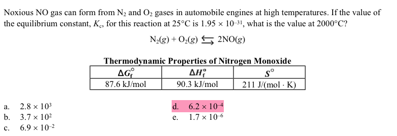 The equilibrium constant for the reaction N2(g)+O2(g) gives 2NO... The equilibrium constant for the reaction N2(g)+O2(g) gives 2NO...