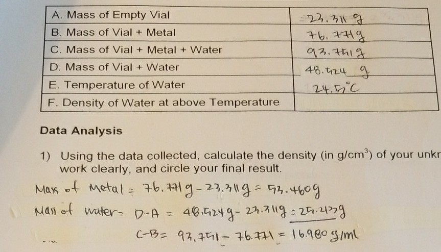 Solved I M Really Confusing Calculating Density Of Water And Chegg Com