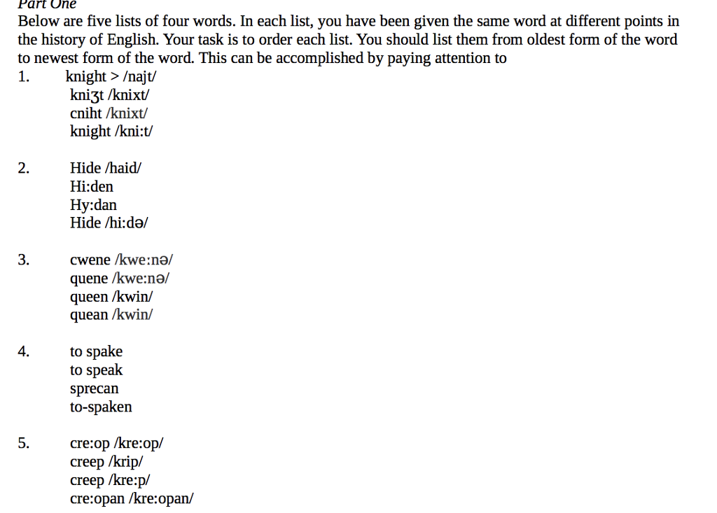 Part One Below are five lists of four words. In each