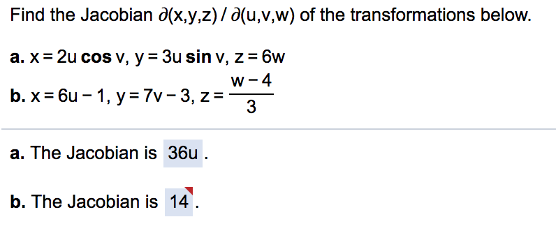 Solved Find The Jacobian A X Y Z A U V W Of The Transf Chegg Com